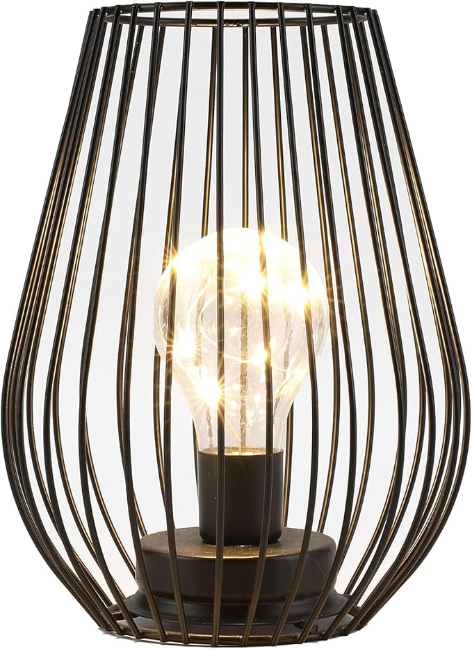 TRIROCKS Metal Cordless Table Lamp - 8'' Tall Cage Shape Battery Operated Lamp with Warm Fairy Lights Bulb for Indoor/Outdoor Use, Perfect for Christmas, Patio, Garden, and Weddings (Black)