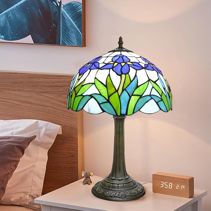 Tiffany Lamp Rural Style Green Blue Iris Flower Stained Glass Lamps Reading Bedside Bedroom Table Lamp Living Room end Kitchen Hotel Bar Home Small Space Decor Metal Base 12X19 Inche LED Vintage Lamp