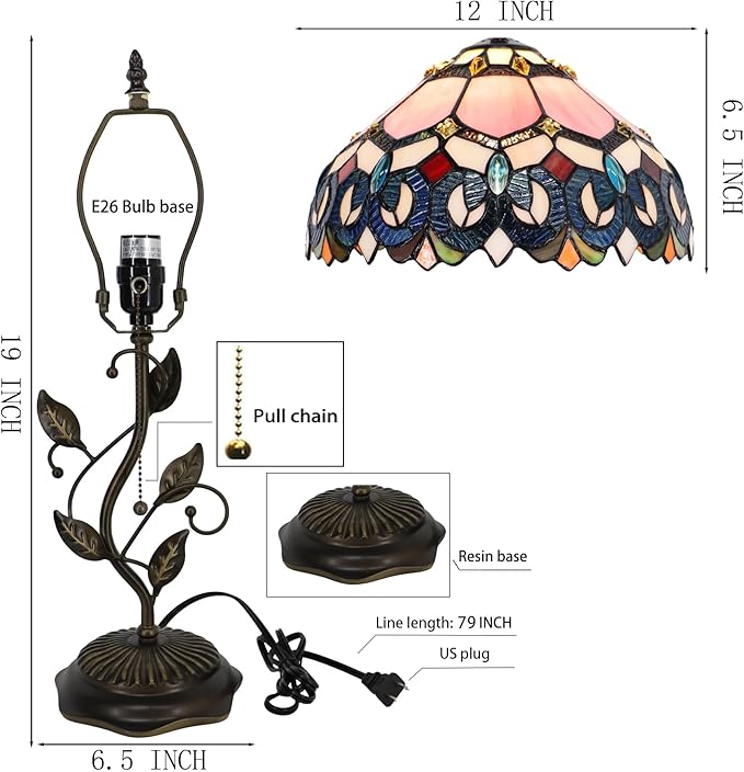 Tiffany Table Lamp, Pink Stained Glass Desk Light, W12H19 Inch, Metal Leaf Base (Pink Baroque Style)