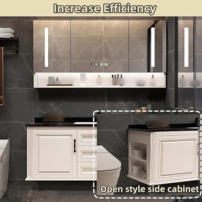 44IN Bathroom Vanity with Single Sink - Open Style Storage Shelves & Side Cabinets | Wall Mounted Bathroom Vanities Set, Time Display Mirror Cabinet Includes Defogging & Lighting Functions (Style A)