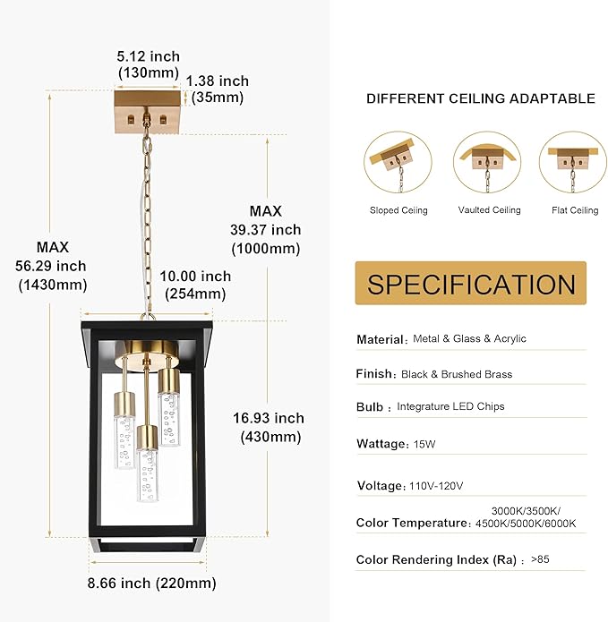 TODOLUZ 5CCT LED Large Outdoor Pendant Light Fixtures, 3-Light LED Integrated Bulbs Included Modern Outdoor Hanging Lighting Ceiling, Clear Glasss Outside Chandelier for Porch Gazebo Entryway