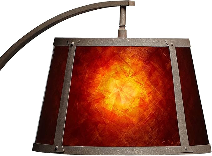 Franklin Iron Works Oak River Mission Style Arc Floor Lamp with USB Charging Port 66 1/2" Tall Dark Rust Natural Wood Base Amber Mica Drum Shade Decor for Living Room Reading House Bedroom Home