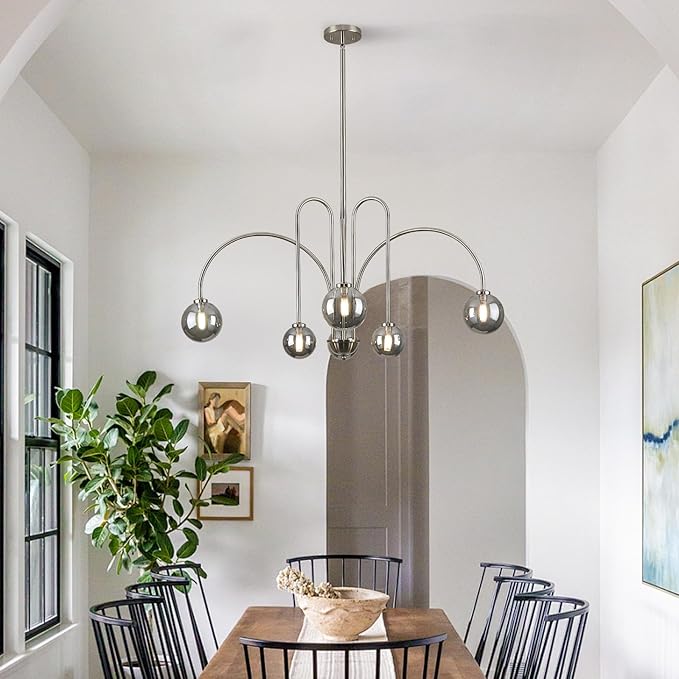 Modern Sputnik Globe Chandelier, 6-Light Nickel Linear Chandeliers for Dining Room and Kitchen Island, Mid Century Light Fixture Over Table, (Smoke Grey Glass Bubble Shades, 40 Inch)
