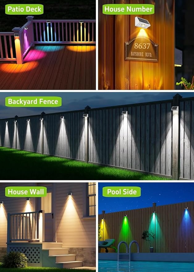 Solar Fence Lights Outdoor Waterproof High Brightness LED Spot Lens Deck Lights 7 Mode Warm & Cool White RGB Solar Powered Wall Lighting Decor for Outside Patio Step Backyard Railing - 8 Pack(White)