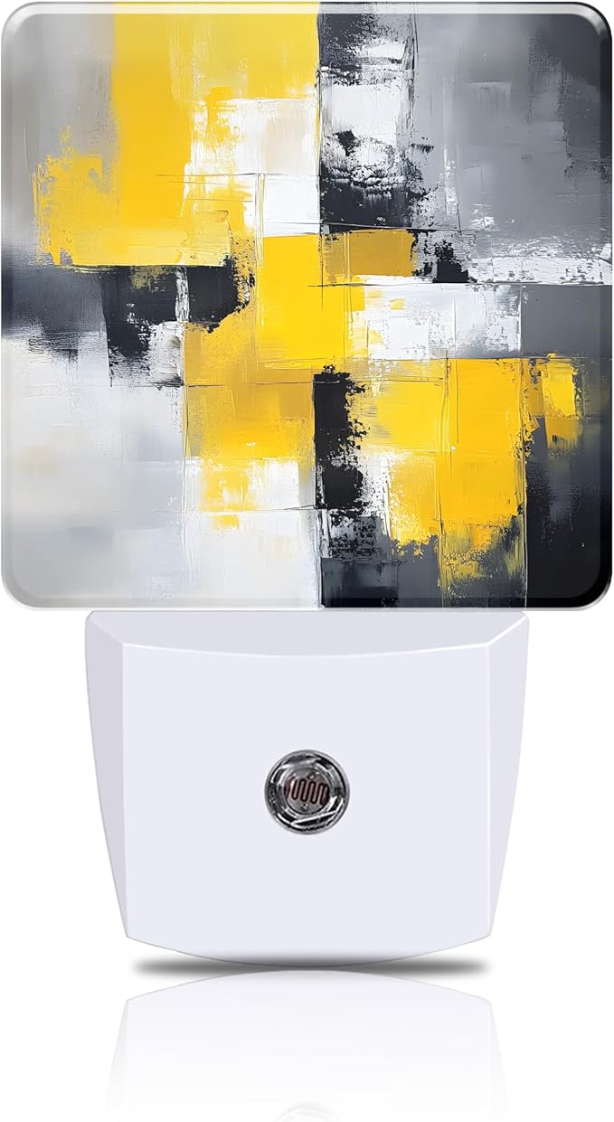 Grey and Yellow Abstract Art Night Light, Plug-in Nightlight with Dusk to Dawn Auto Sensor for Home Bedroom Hallway Kitchen 0.5W Sleep Friendly Led Lamp for Women Men