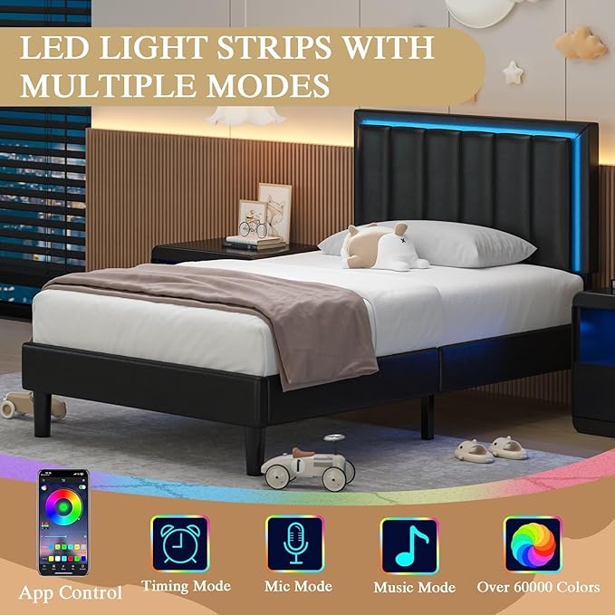 Twin Bed Frames, Upholstered Bed Frame Twin Size with Headboard, RBG LED Lights, Heavy Duty Wood Slats Support, Noise-Free, No Box Spring Needed, Easy Assembly, Black