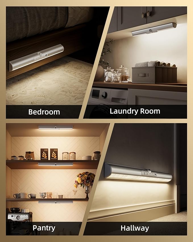EZVALO 3 Pack Motion Sensor Closet Light with Eye-Protection Design, 1800mAh Rechargeable Under Cabinet Lighting, 3 Color Temps Night Light for Pantry, Closet