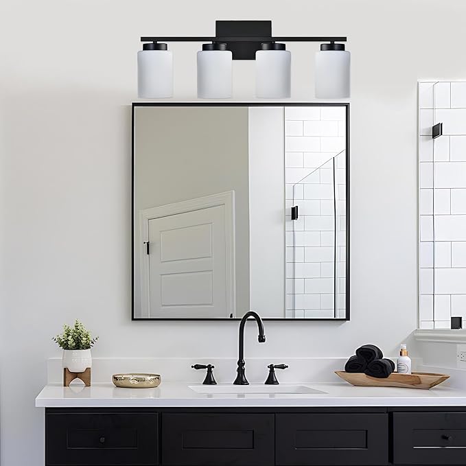 VINLUZ Bathroom Vanity Lights, 4-Light Classic Wall Sconce Lighting Fixtures Matte Black Finish with Milky White Frosted Glass Shades for Bedroom Cabinet Stairs