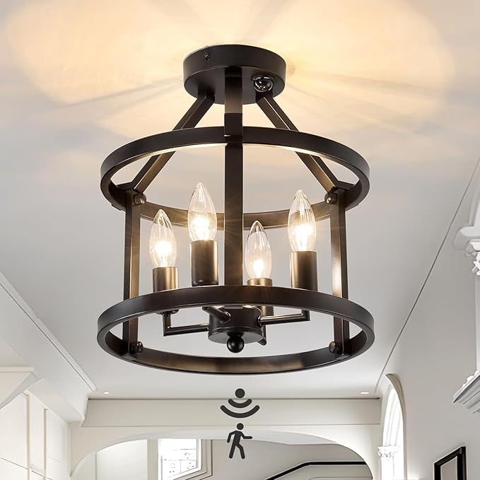 UOFUS Indoor Motion Sensor Ceiling Light Fixture Black Semi Flush Mount Chandelier Overhead Light Fixture for Entryway Hallway Porch Stairwell Garage