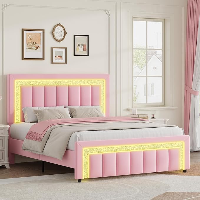 HOMBCK Full Size Bed Frame with LED Lights and Velvet Upholstered Headboard, Bed Frame Full with Modern Diamond Headboard Adjustable, Wooden Slats Support, Noise Free, No Box Spring Needed, Pink