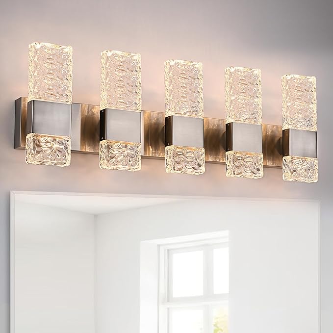 VINLUZ 5-Light LED Brushed Nickel Bathroom Vanity Light Fixtures,40W Modern Wall Mounted Lights with Crystal Lampshade Vanity Wall Lamp for Mirror Hallway