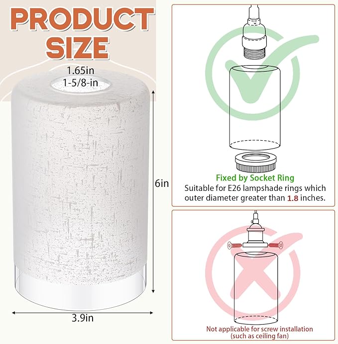 6 Pcs White Linen Frosted Glass Shade Replacements for Pendant Light Fixtures Glass Lamp Shade Cover, 1-5/8 Inch Fitter E26 Base, 4"w x 6"h, Replacement Lamp Globe for Chandelier Wall Sconce