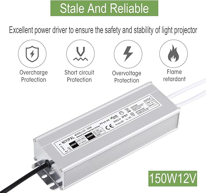 LED Driver 150 Watts Waterproof IP67 Power Supply Transformer Adapter 85V-265V AC to 12V DC Low Voltage Output with 3-Prong Plug 3.3 Feet Cable for LED Light, Computer Project, Outdoor Light