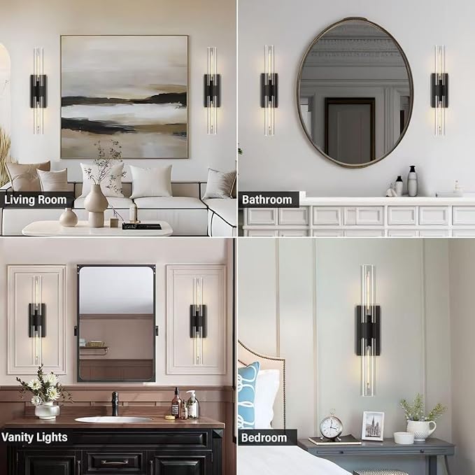 Black 22.8" Sconces Wall Lighting,Bathroom Vanity Lights Fixtures with Clear Glass Shade Wall Lamp for Mirror, Living Room, Bedroom, Hallway, Fireplace, Staircas（Including Bulb）
