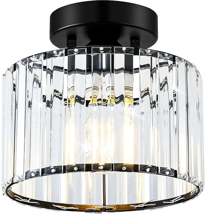 Crystal Black Semi Flush Mount Ceiling Light Modern Hallway Light Fixture Metal Close to Lamp for Entryway Bedroom(8.66 inch)