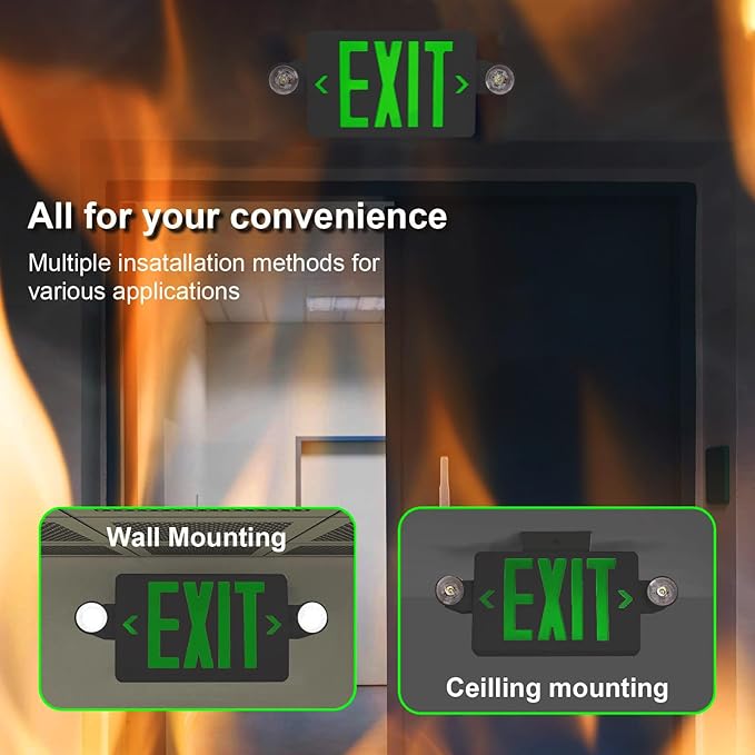 CM MZY Exit Sign with Emergency Lights, Exit Signs Light with Battery Backup,Green Emergency Lights with Black Housing, Two Adjustable Heads, Combo for Business,AC 120V/277V, UL Certified, 2 Pack