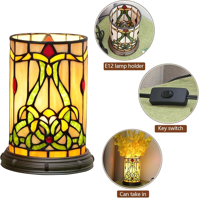 Tiffany Style Stained Glass Matam Table Lamp Living Room Bedroom Bedside Flower Vase Decor Small Night Light Cute Kids Accent E12 Led Cottage Aesthetic Nightstand Cylinder Vintage Desk Lamp