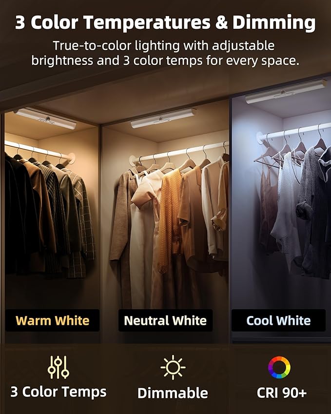 EZVALO Motion Sensor Closet Light, Rechargeable 1800mAh Battery-Operated LED Light, Rotatable Sensor, 3 Color Temperatures & Stick-On Light for Closet, Pantry, Stairs