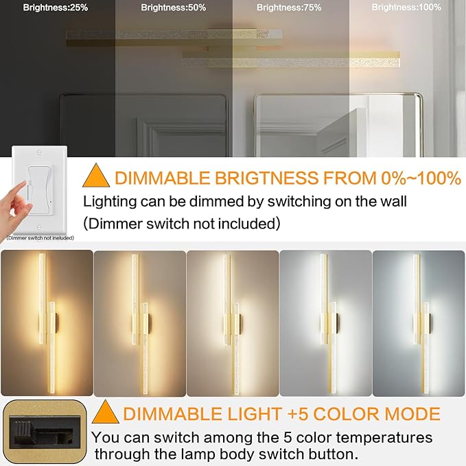 Gold Wall Sconces 31.5In Modern Wall Light Fixtures Dimmable LED Sconce Wall Lighting Indoor Hardwired Wall Lamps for Living Room Bedroom Bathroom Hallway Stairs