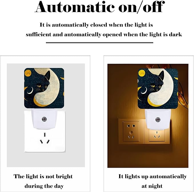 Black Cat Moon Night Light,Plug Into Wall for Boys Girls Bedroom Decorative Square Night Light Lamp 0.5w Sleep Friendly