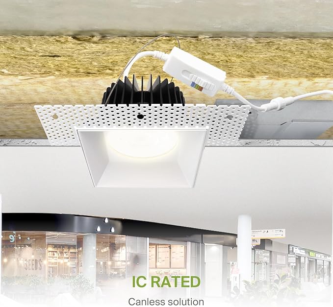 ASD Trimless LED Recessed Lighting 6 Inch, 24W 120V Square Commercial Downlight, Canless Dimmable Lights for Ceiling with J-Box, 5 CCT 2700K-5000K, CRI 90+, IC Rated, ETL, White