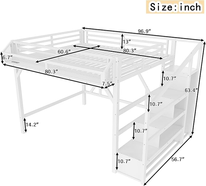 Bellemave Queen Loft Bed Frame with Storage Stairs, Beside Shelf & Wardrobe, Metal Queen Size Loft Bed with USB Ports&LED Light, Large Under-Bed Space Loft Beds for Adults,Teens, Kids, White