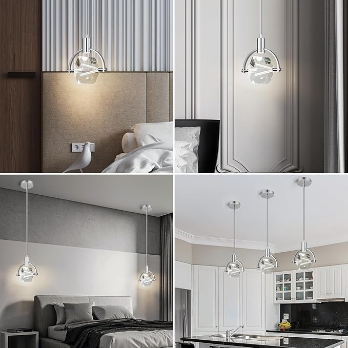 Pendant Ceiling Light Fixture for Kitchen Island, Modern Mini Integrated LED Hanging Light, Crystal Pendant Light in Chrome, Bedroom, Dining Room, Bar (1-Lights)