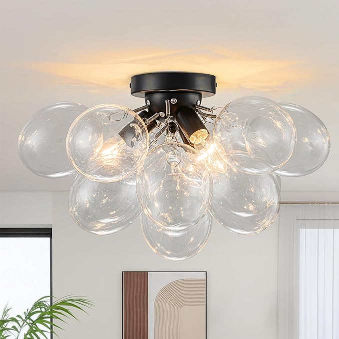GoYeel Bubble Flush Mount Ceiling Light 17.72"-Black Small Chandelier Glass Globe Kitchen Lights Ceiling with 13 Clear Glass Globe for Kid Room Girls Room Foyer Living Room