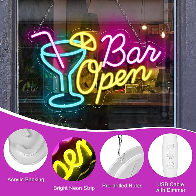 Bar Open Neon Sign, 16.5"X 10.6" Dimmable Bar Open Signs for Business with ON/OFF Switch, Powered by USB LED Light Up Sign for Home Man Cave Club Party Gift