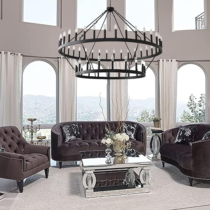 2 Tier Large Black Wagon Wheel Chandelier Farmhouse Industrial Chandelier Rustic Pendant Light Fixture Extra Large Wheel Chandeliers for high Ceilings (Black, 60 Inch 2 Tier 54-Lights)