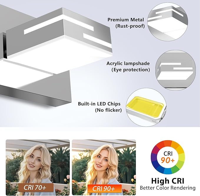 LED Modern Bathroom Vanity Light Fixtures, 7-Light 48-inch Dimmable Chrome Vanity Lights for Bathroom Lighting Fixtures Over Mirror, with 350° Rotatable Heads (Cool White 6000K)