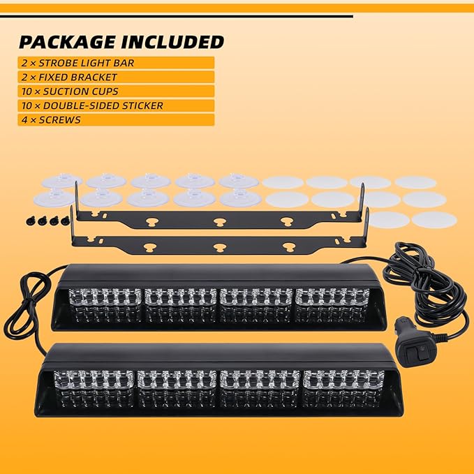 Amber/White 2 in 1 Emergency Dash Strobe Light Bar, Front/Rear 48LEDs Interior Windshield Visor Safety Flashing Warning Hazard Lights for Construction Work Trucks Towing Vehicles