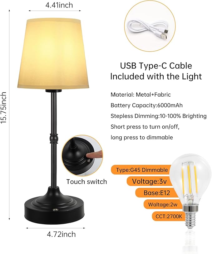 Portable LED Table Lamp, Rechargeable Cordless Desk Lamp with Fabric Shade, 6000mAh Battery Powered Besides Lamp, Stepless Dimmable, 2700K Warm Ambient Light for Indoor Outdoor (Black)