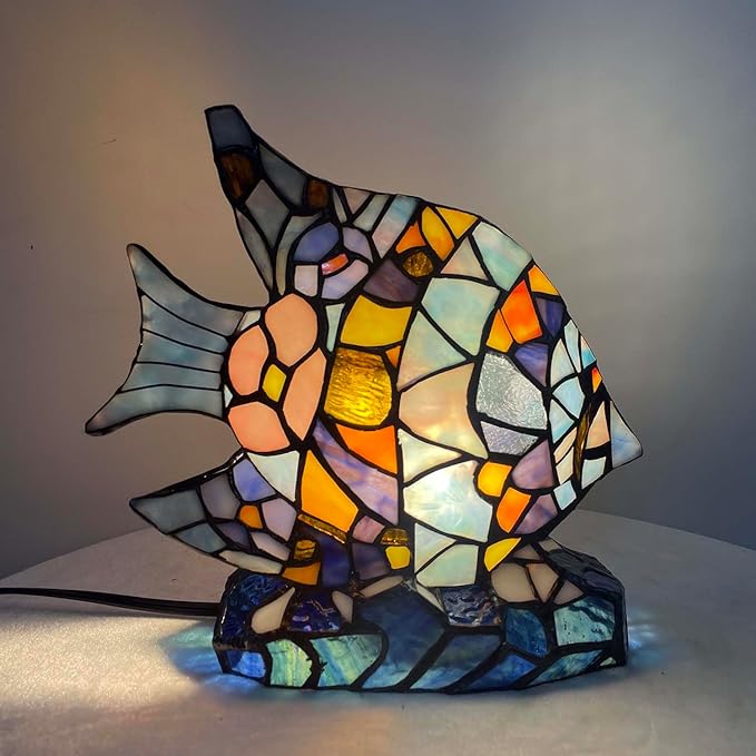 Bieye L13010 Tiffany Style Stained Glass Fish Accent Table Lamp for Home Décor (Blue Angelfish)