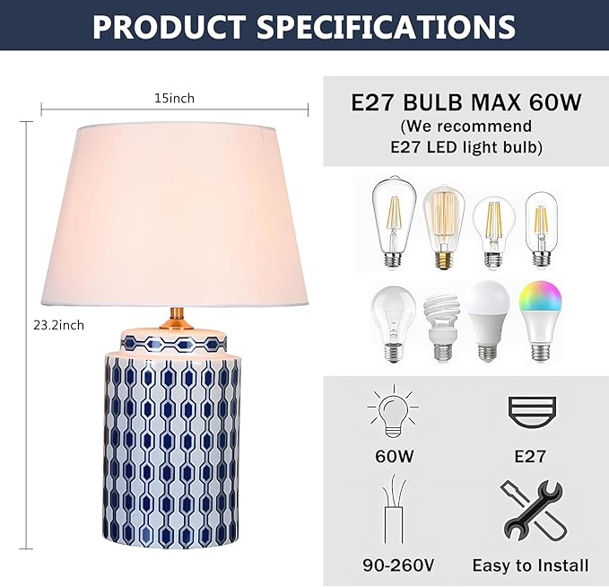 Radiya Modern Ginger Jar Ceramic Blue and White Bedside Table Lamp, American Minimalist Bedroom Lighting Decor Desk Lamp, with Linen Fabric Lampshade, for Living Room Home Office Desk Bedside Table