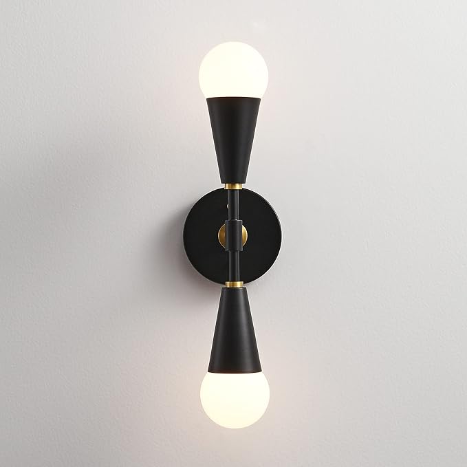 BRIGHTTIA Vicky 2 Light Cone Socket Wall Sconce - Mid Century Modern Fixture for Wall & Ceiling - Minimalist Edison Lamp for Hallway and Bathroom Vanity - Black & Gold (BW0027-2BG)