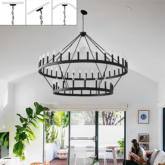 2 Tier Large Black Wagon Wheel Chandelier Farmhouse Industrial Chandelier Rustic Pendant Light Fixture Extra Large Wheel Chandeliers for high Ceilings (Black, 60 Inch 2 Tier 54-Lights)