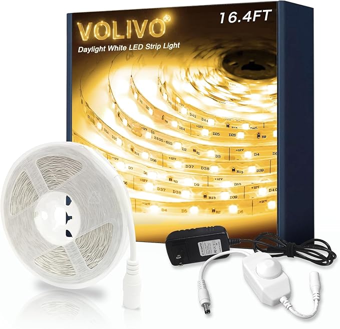 VOLIVO Warm White LED Strip, 16.4ft Dimmable LED Strip 2700K Soft Warm White, Strong Adhesive, Flexible Tape Light for Kitchen Cabinets, Bedroom