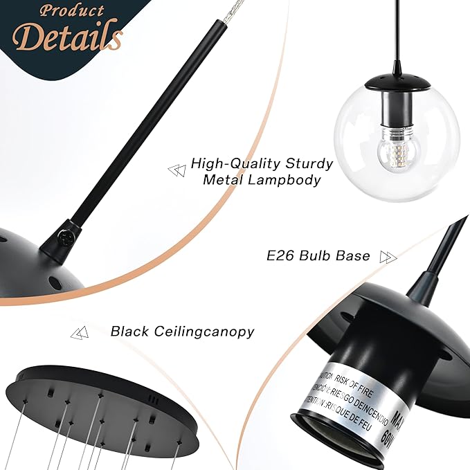 KoKo&Yukina 9-Light Globe Glass Pendant Light Adjustable Length Pendant Lights Fixtures Modern Black Clear Globe Glass Chandelier High Ceiling Lights Fixtures for Foyer Staircase (Bulb & Remote Incl)