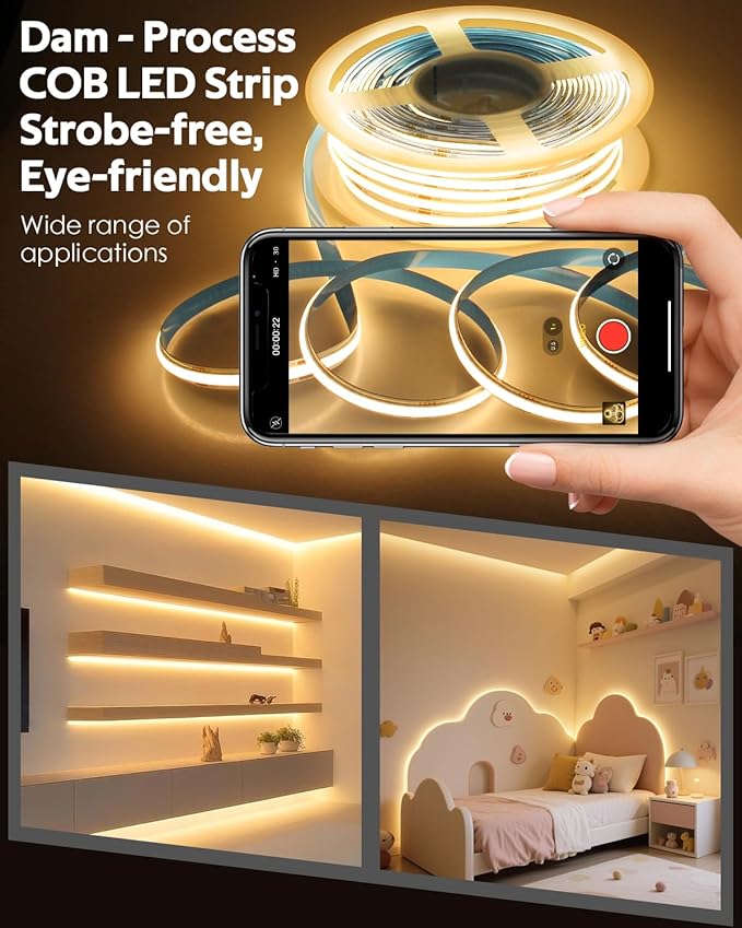 131.2FT 24V COB Led Strip Lights 3000K with Dam-Process Dimmable LED Light Strips with Remote Warm White 480LED/M Bright Flexible COB LED Tape Light for Bedroom Cabinet Stairs Corridor(40M/2roll)