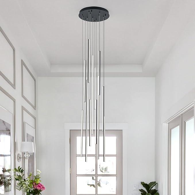 118" Modern LED Chandelier, Clustered Led Pendant Light, 12-Lights Dimmable High Ceiling Large Hanging Lighting Fixture for Loft Villa Living Room Stairs Foyer (Black-80W-12 Lights)