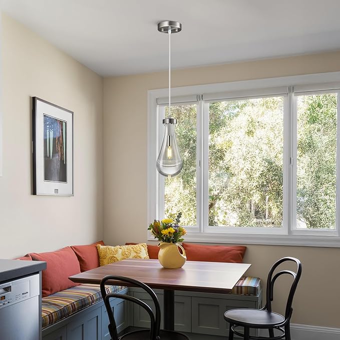 Raindrop Pendant Lights Kitchen Island Teardrop Nickel Hanging Light Fixtures Clear Solid Glass Pendant Light Modern Chandeliers for Dining Room Porch Corridor Living Room(1-Pack)