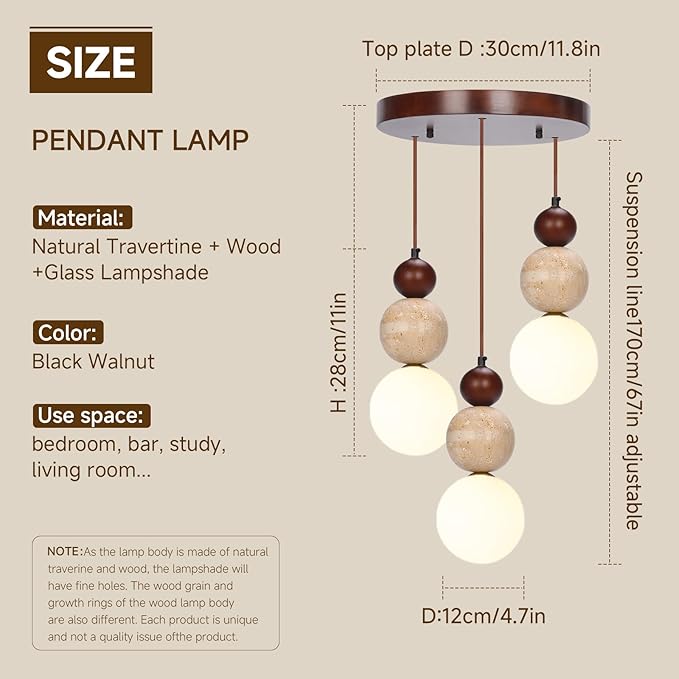 Wabi Sabi Pendant Light,3-Light Travertine Stone Fixture-Japandi Japanese Style Lamp,Nordic Wood Chandelier,Spherical Scandinavian Pendant Light Suits Kitchen Islands,Dining & Living Rooms(Walnut)