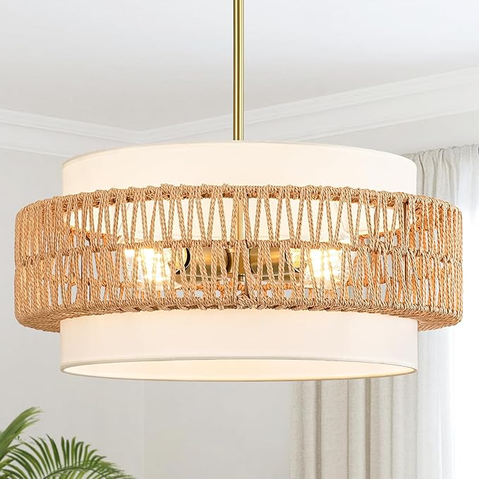 19.7" Boho Rattan Chandelier, 4-Light Large Rattan Pendant Light with Fabric Shade, Boho Drum Ceiling Hanging Light Fixture for Dining Room, Living Room, Kitchen Island, Hallway, Foyer