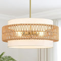 19.7" Boho Rattan Chandelier, 4-Light Large Rattan Pendant Light with Fabric Shade, Boho Drum Ceiling Hanging Light Fixture for Dining Room, Living Room, Kitchen Island, Hallway, Foyer