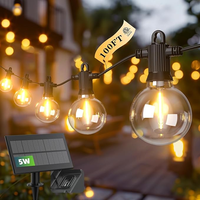 Kawaya Solar Powered String Lights for Outside, Outdoor IP65 Waterproof LED Patio Light with USB-Charging, Shatterproof Edison Hanging Lights for Bistro Yard Cafe Porch Camping (Solar-Power 100FT)