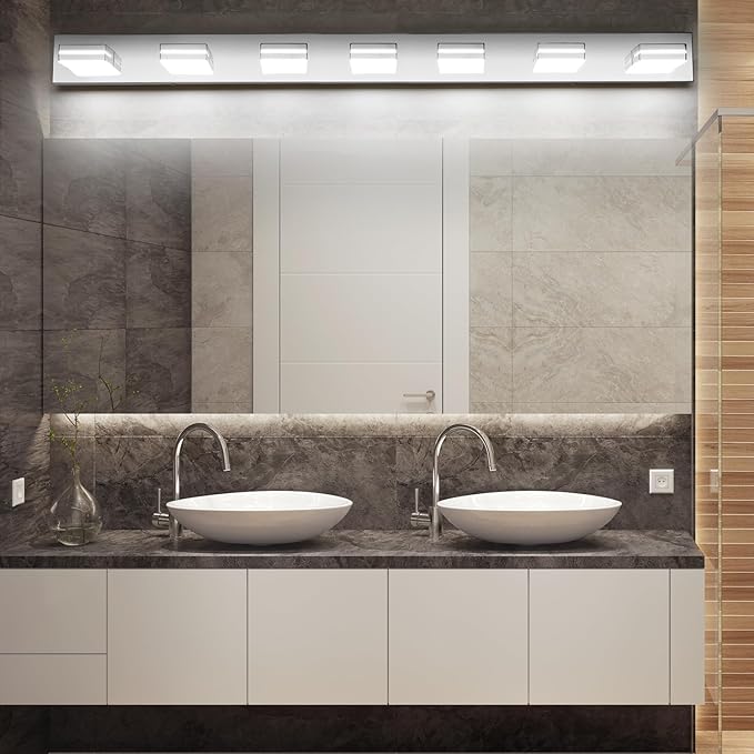 SineRise LED Modern Bathroom Vanity Light Fixtures (7-Light, 55-Inch), Chrome Modern Acrylic Bathroom Wall Lighting Fixtures Over Mirror (Cool White 6000K)