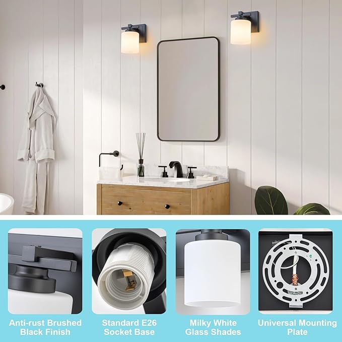 1 Light Modern Bathroom Light Fixtures Over Mirror, Black Vanity Lights for Bathroom Wall Sconces with Milky White Glass Shades, E26 Socket (Bulbs Not Included)