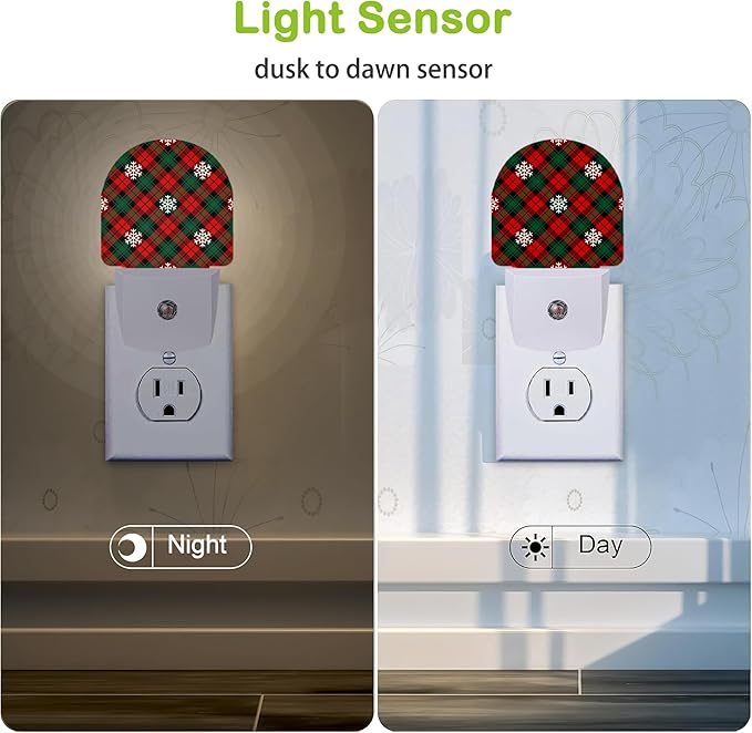 Christmas Red Green Plaids Night Light,Plug into Wall Nightlights with Dusk to Dawn Light Sensors,Nightlights for Bedroom/Bathroom/Hallway/Kitchen,Nightlight for Boys Girls Women Men