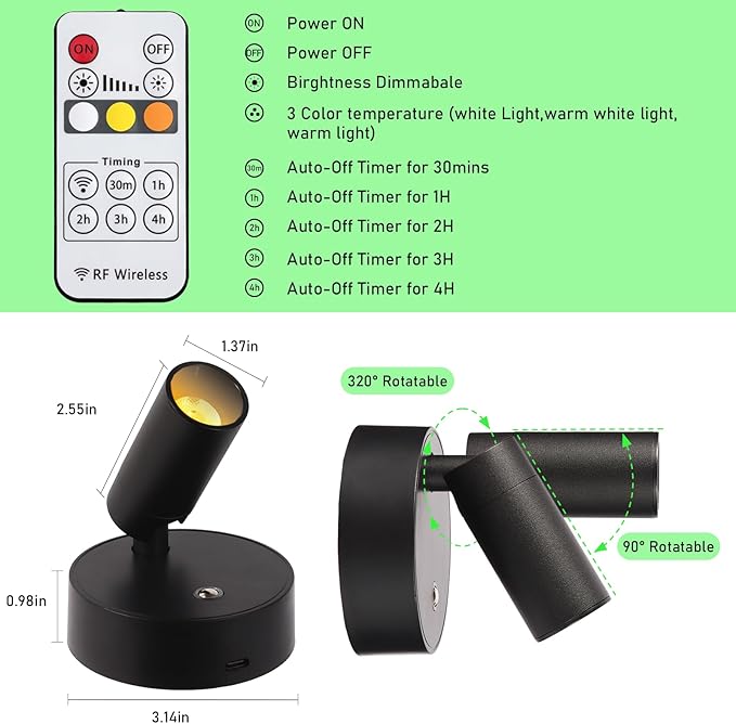 Wireless LED Spotlight, Rechargeable Floor Uplighting Indoor, Battery Operated Picture Light with Remote Timer and Dimmable Accent Spot Lights Stick on Wall Light for Plants Pictures Artwork